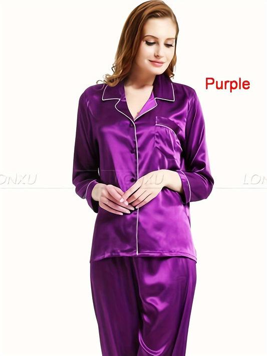 Women 2PCS Long Pajama Set, Loose Button-Down Long Sleeve Folded Collar Top, Long Elastic Waist Band Pants, Sleepwear Set