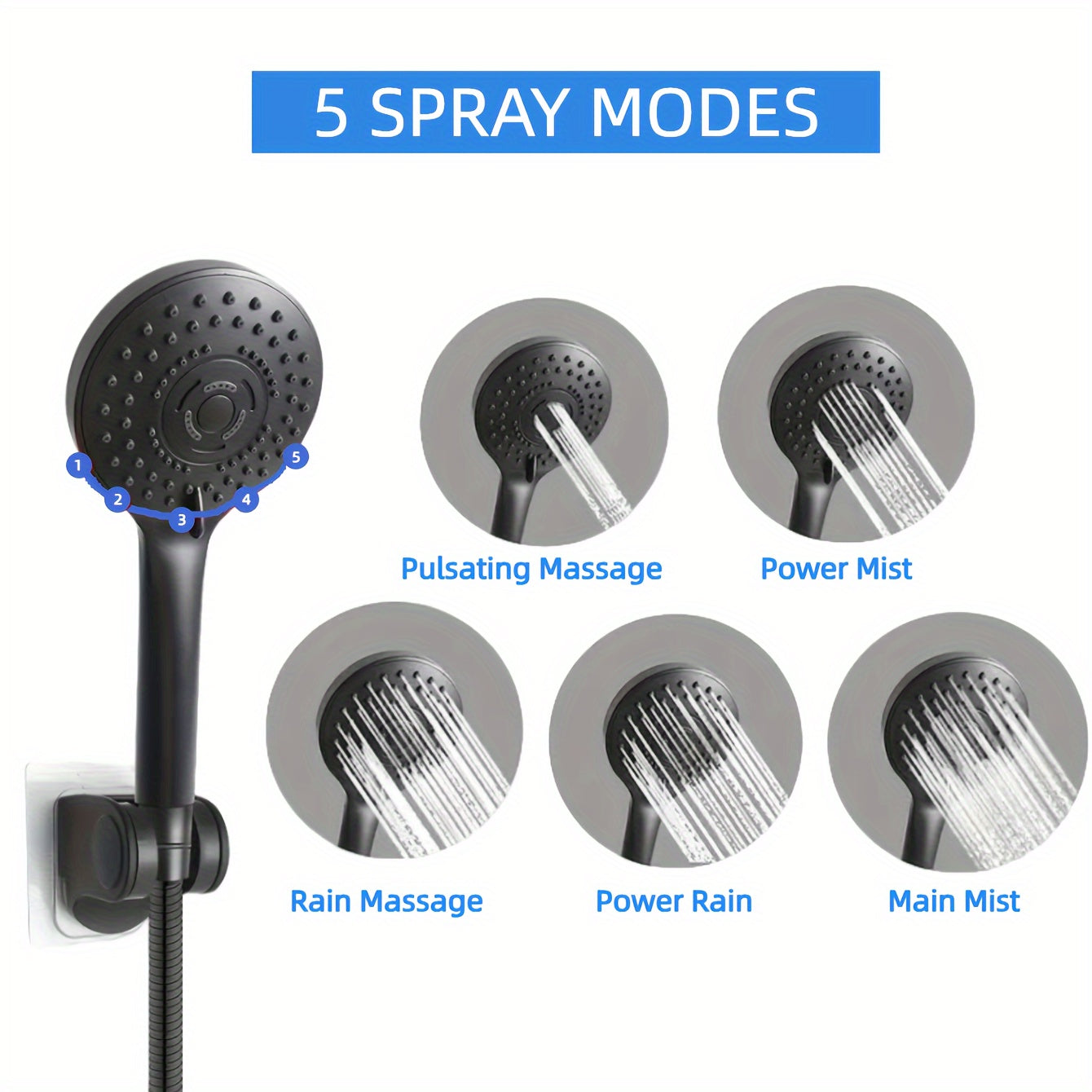 Stainless Steel Pressurized Shower Head Five-function Hand-held Top Spray Showerhead Chrome Inwall Shower System