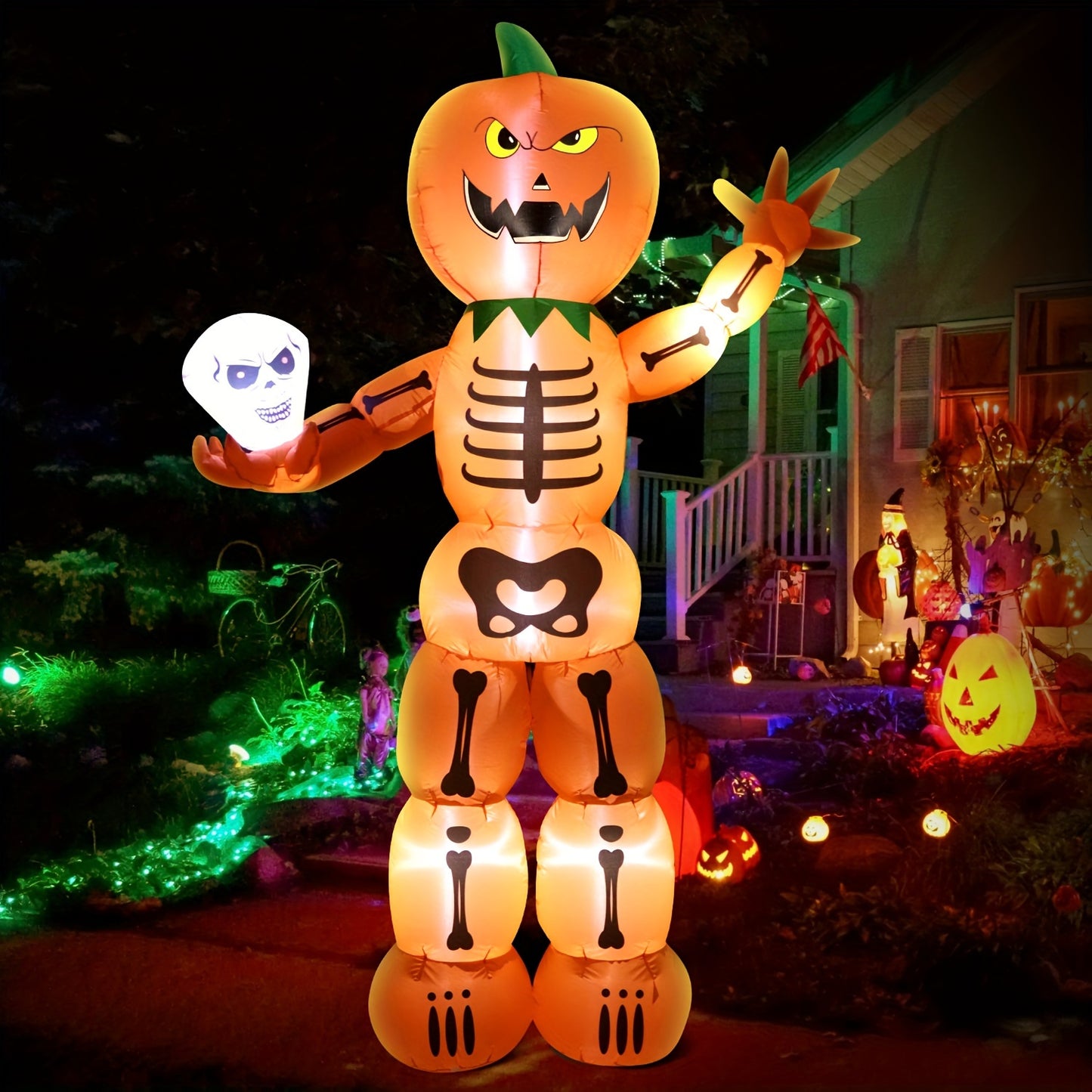 Halloween Inflatable Blow Up Decorations, 8FT Giant Skeleton Stacked Pumpkin Man Holding Skull, Built-in LEDs For Holiday Party, Garden, Lawn, Yard, Patio Décor