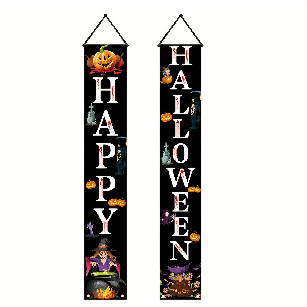 Halloween Porch Banner Flags Pair - 70.8" x 11.8" Polyester Garden Decor, Non-Electric, Trick or Treat & Harvest Festival Design for Outdoor Seasonal Decoration