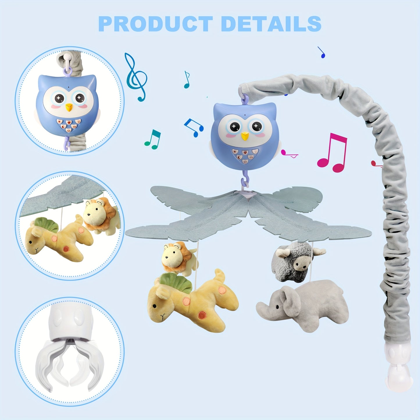 Interactive Baby Crib Mobile with Music & Lights - Adorable Animal Designs for Boys and Girls, Portable Bassinet Toy for Playtime Fun