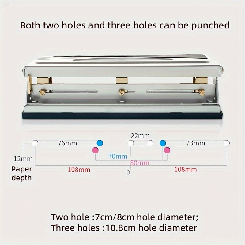 Heavy-Duty Adjustable Paper Punch - 2 or 3 Holes, Manual Metal Binder for Loose-Leaf Paper, Office Essential