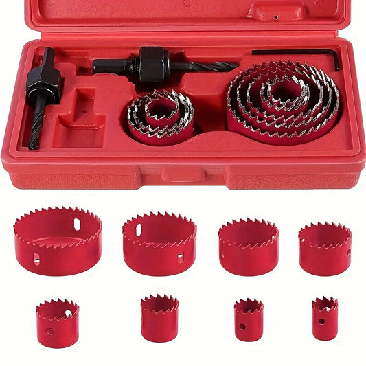 1 Set Hole Saw Kit With 8-Piece Saw Blades 3/4" - 2-1/2" (19mm-64mm) Hole Saw, Spindle, Hex Wrench For Drilling Softwood, PVC Board, Plastic Board, Red