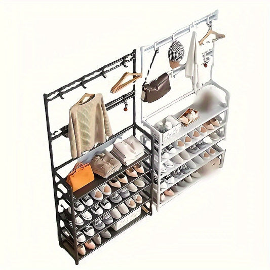 Sturdy Metal Storage Rack - 4/5 Tier Coat & Shoe Organizer With 8 Double Hooks - Perfect For Entrance, Hallway, Bathroom - Space-Saving, Free Standing, Versatile Design