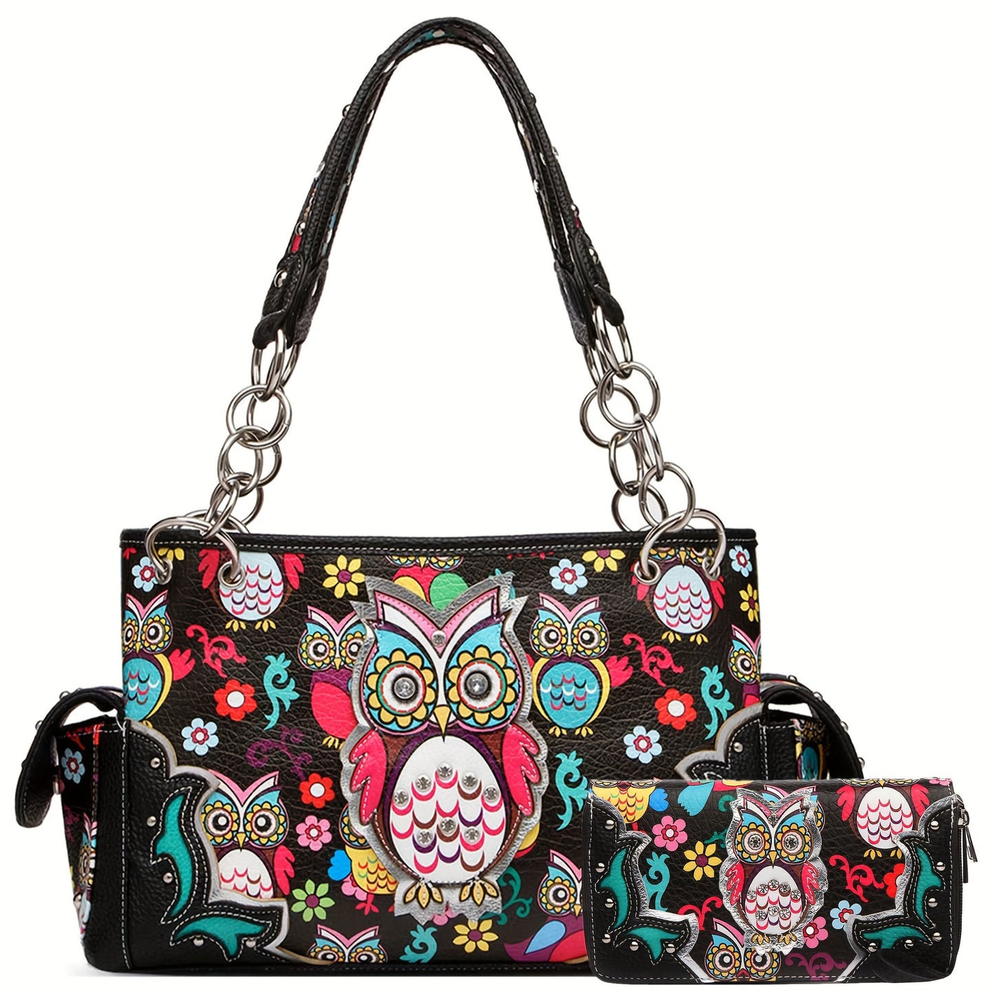 Colorful Owl Flower Western Style Cowgirl Fashion Purse Women Totes Rhinestone Studded Shoulder Bags Wallet Set