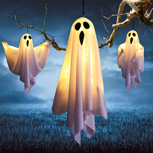 Bamda's 3pcs LED Flying Ghosts - 20" Halloween Hanging Decorations, Glow in the Dark for Outdoor & Indoor Use, Perfect for Front Yard, Porch, and Tree