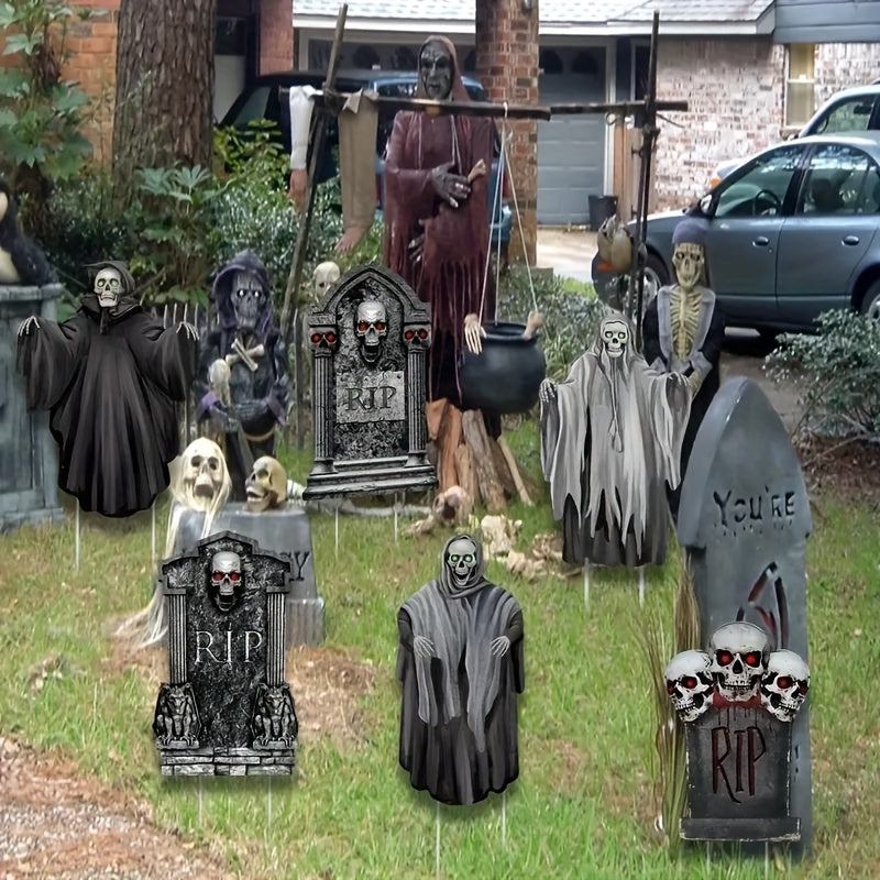 Spooky Halloween Ghost Tombstones Yard Signs with stakes - Outdoor Corrugated Props for Garden Lawn Decorations