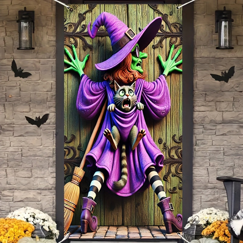 Halloween Witch and Black Cat Door Cover – 100% Polyester Hanging Banner for Home and Party Decor, Multipurpose Use, No Electricity Needed, by HEGO – 35.43 x 70.86 Inch, Holiday Party Supplies for Indoor Multipurpose Decoration