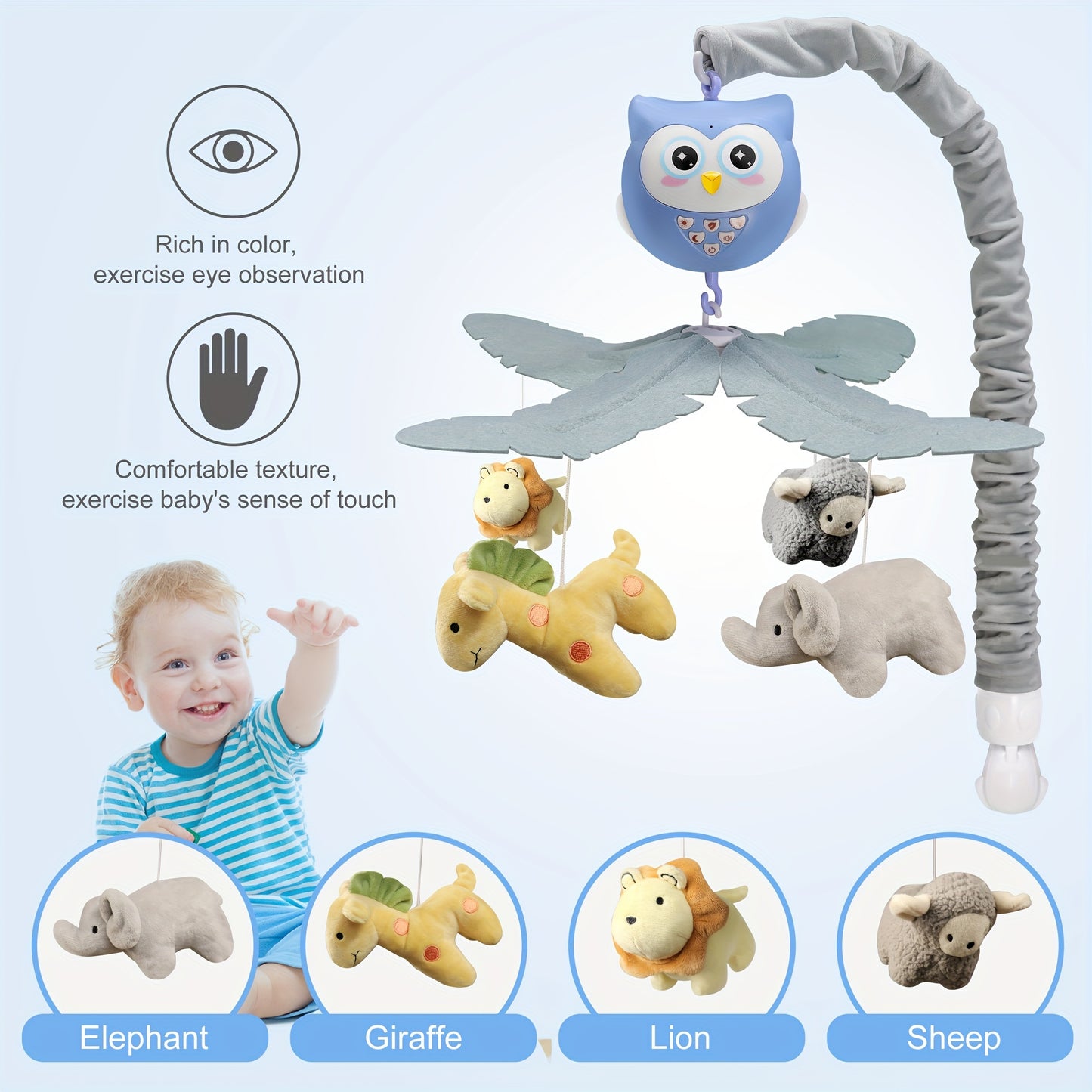 Interactive Baby Crib Mobile with Music & Lights - Adorable Animal Designs for Boys and Girls, Portable Bassinet Toy for Playtime Fun