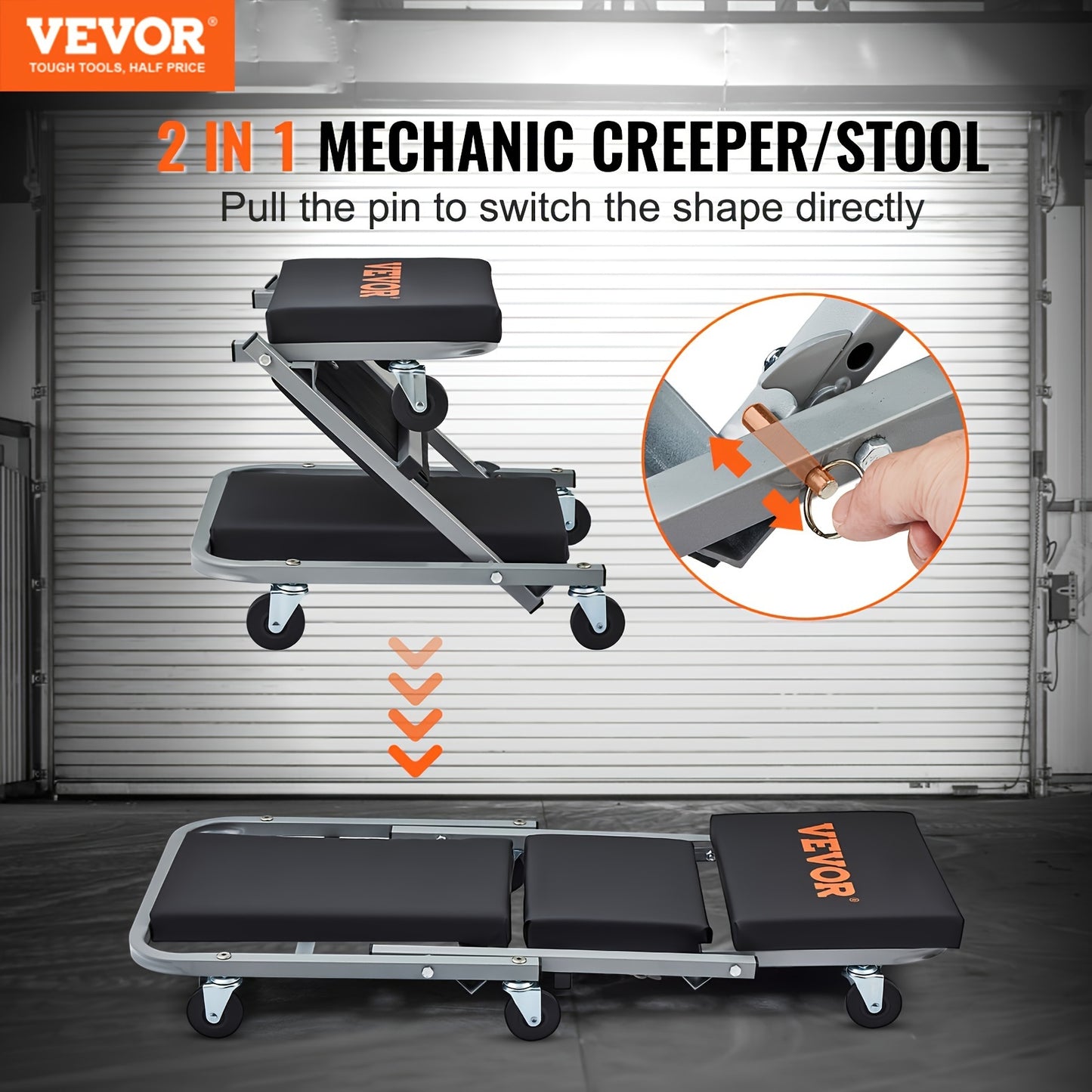 VEVOR 36'' 2 In 1 Z Creeper 300LBS Mechanic Rolling Garage/Shop Seat Low Profile Stool For Auto Repair