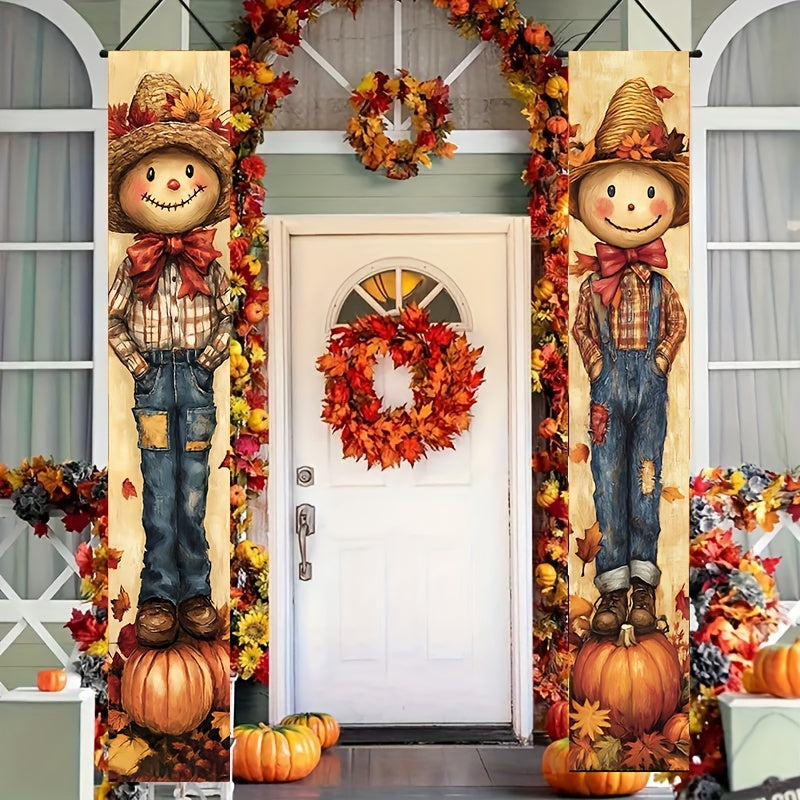 Autumn Scarecrow & Harvest Welcome Banner Set - Durable Polyester, 12x70 Inches, Perfect for Fall Outdoor Decor