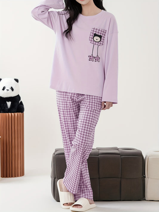 Cozy Cotton Women's Pajama Set with Cartoon Star Print - Long Sleeve, Round Neck Top & Elastic Waist Pants, Machine Washable