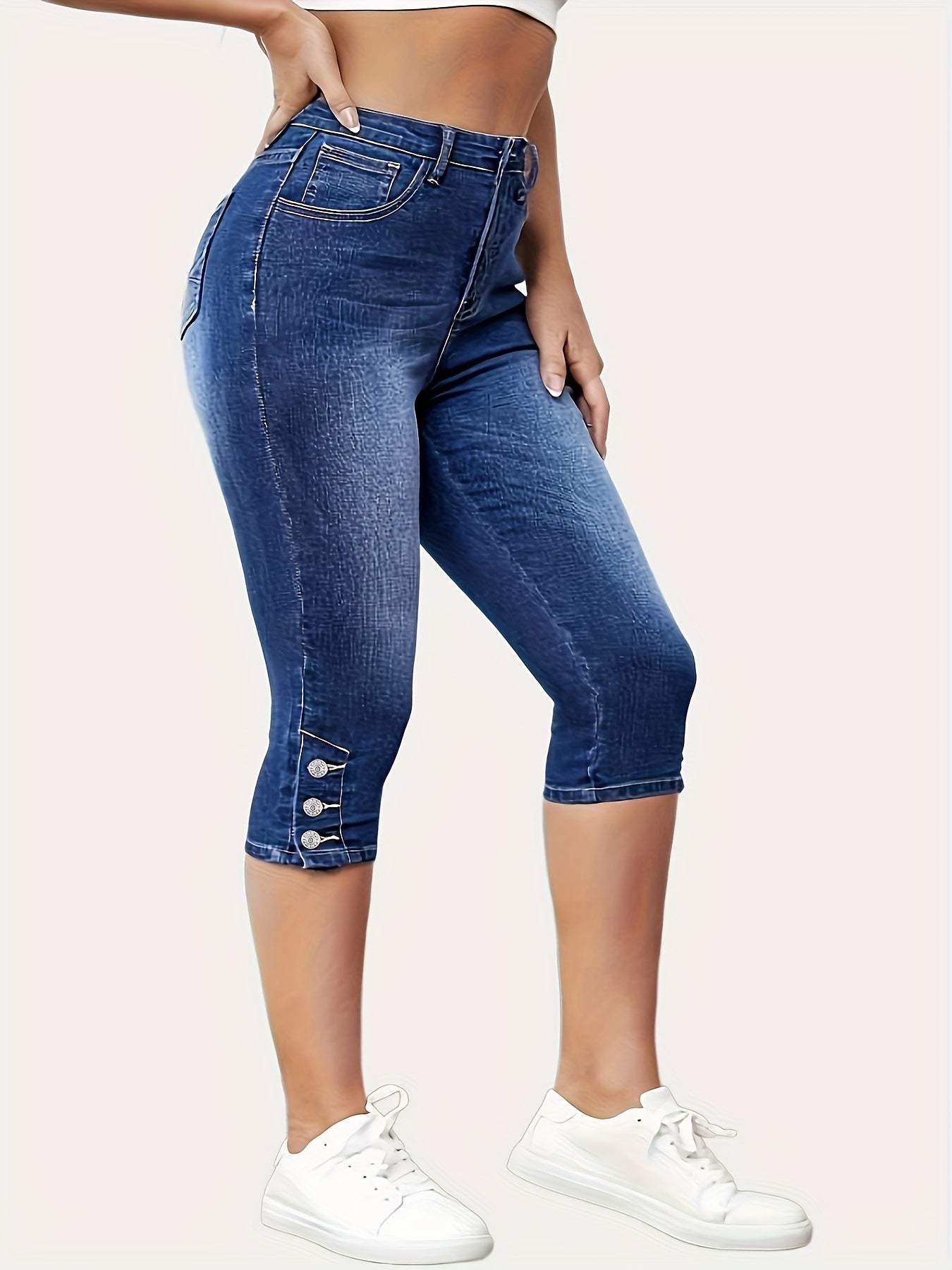 Women's Plus Size Casual Capri Denim Jeans, High Waist Stretch, Wash, Versatile Pants, Spring/Summer Collection