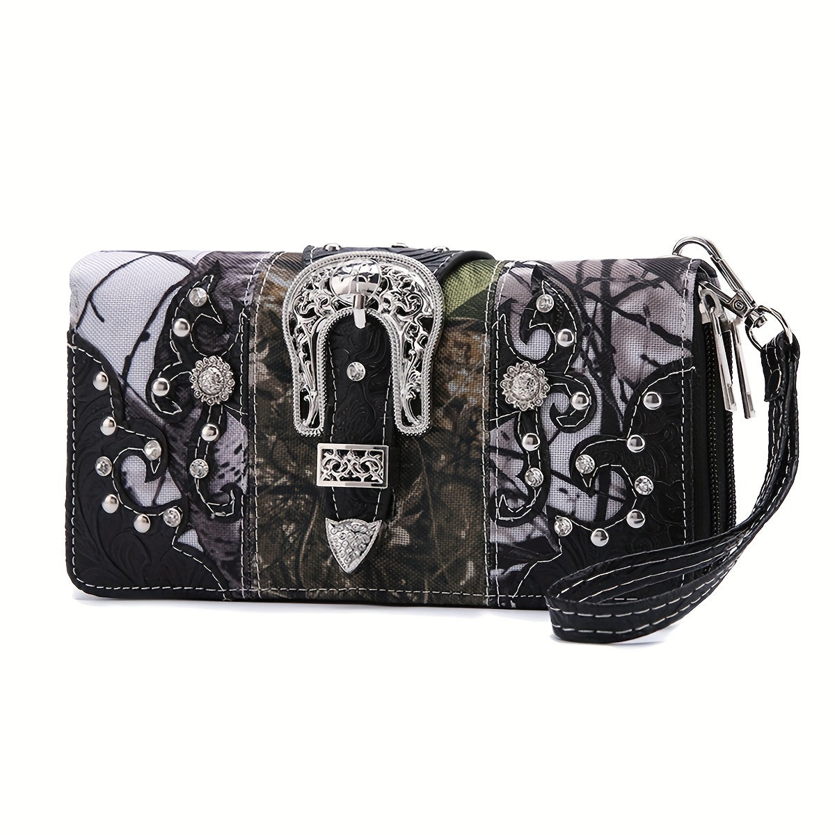 Western Style Camouflage Handbag, Concho Buckle Tooled Floral Country Studs Crossbody Women's Tote, Shoulder Bag, Purse Set