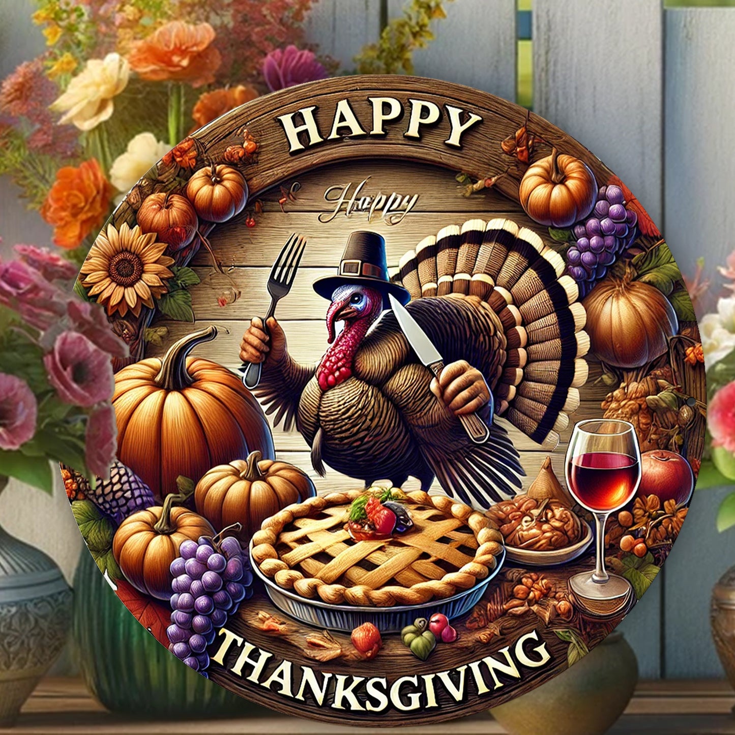 Happy Thanksgiving 2D Metal Sign: Festive Fire Turkey And Pumpkin Autumn Decoration - Suitable for Home, Kitchen, Garden, Patio - Versatile Indoor/Outdoor Art for Windows, Porches, Walls