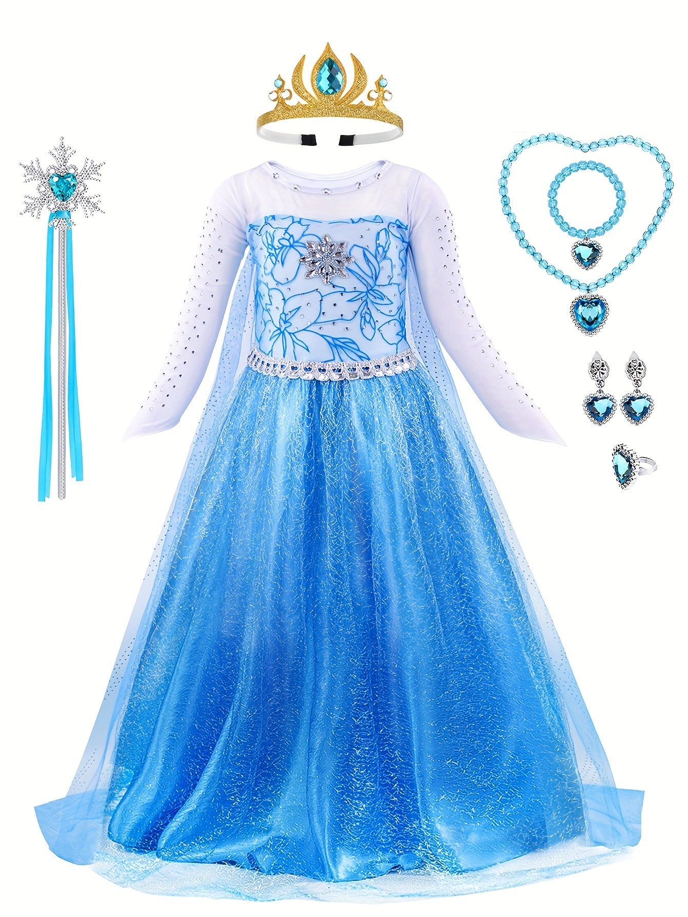 Elsa Princess Costume for Girls, Queen Dress Up Set with Wig, Crown, Mace, Gloves, Halloween Party Accessories