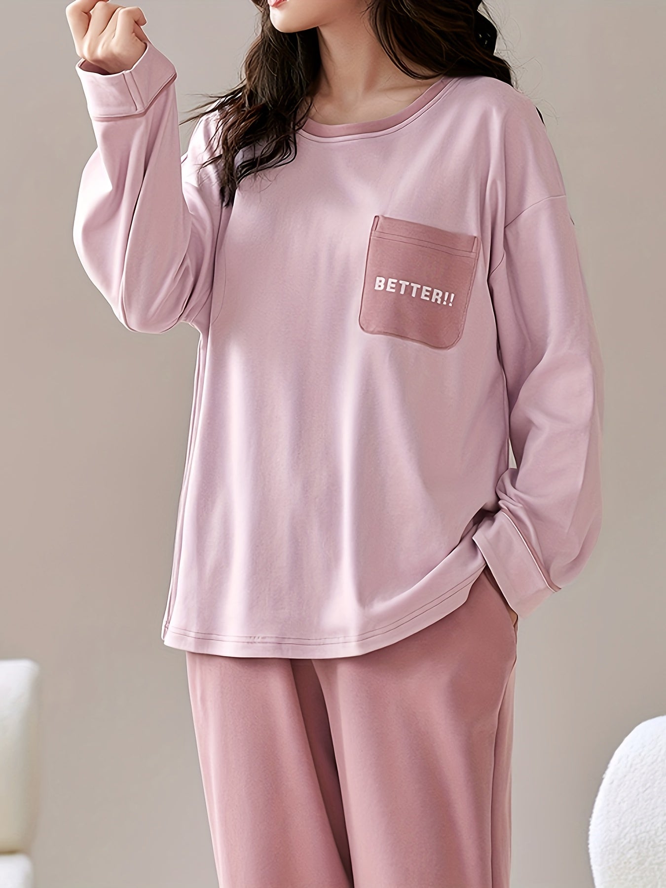 Colorblock Letter Print Pajama Set, Cozy Long Sleeve Round Neck Top & Elastic Pants, Women's Sleepwear & Loungewear