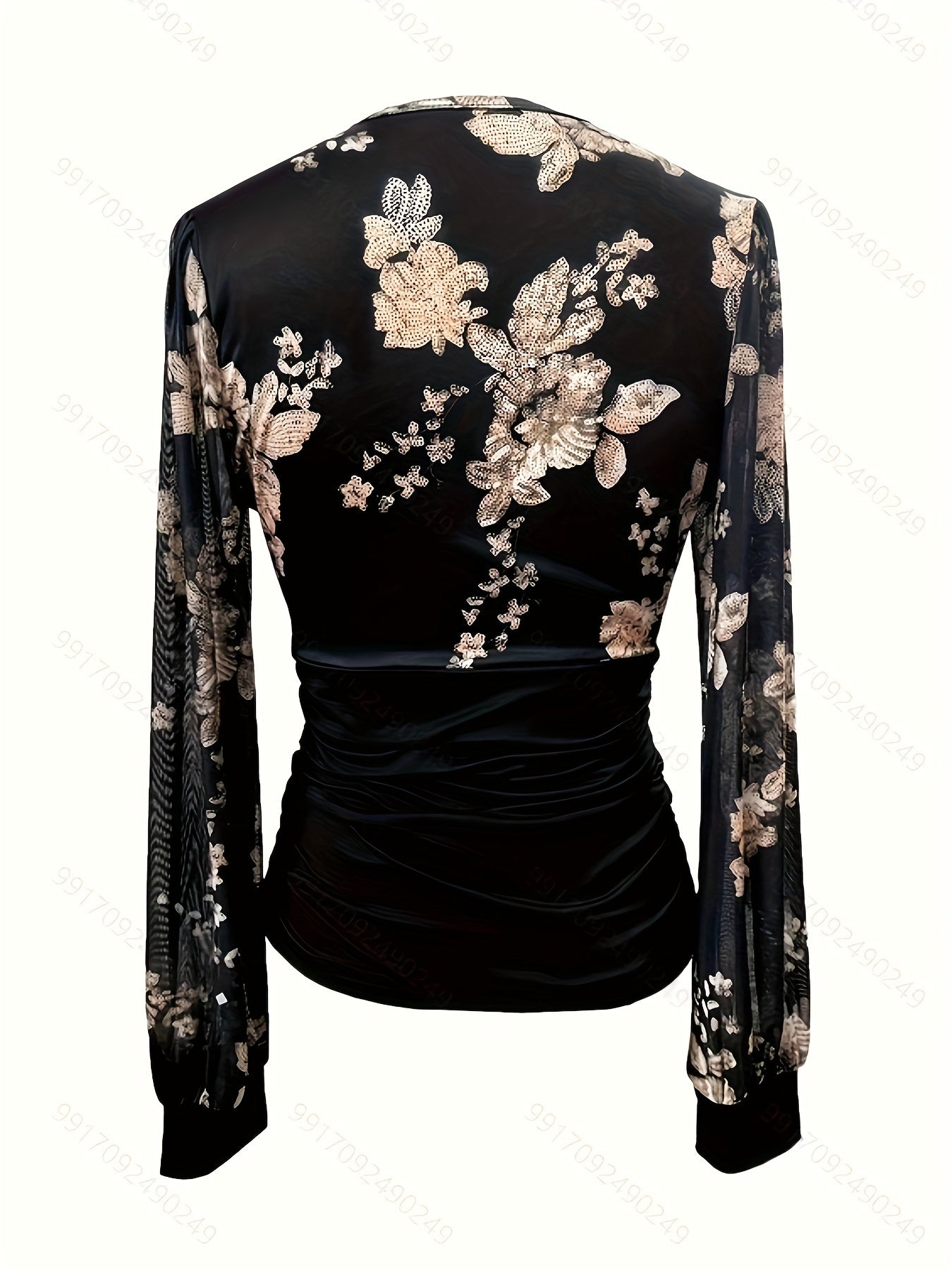 Women's Floral Print Plunge Neck Top with Long Illusion Sleeves for Spring and Fall