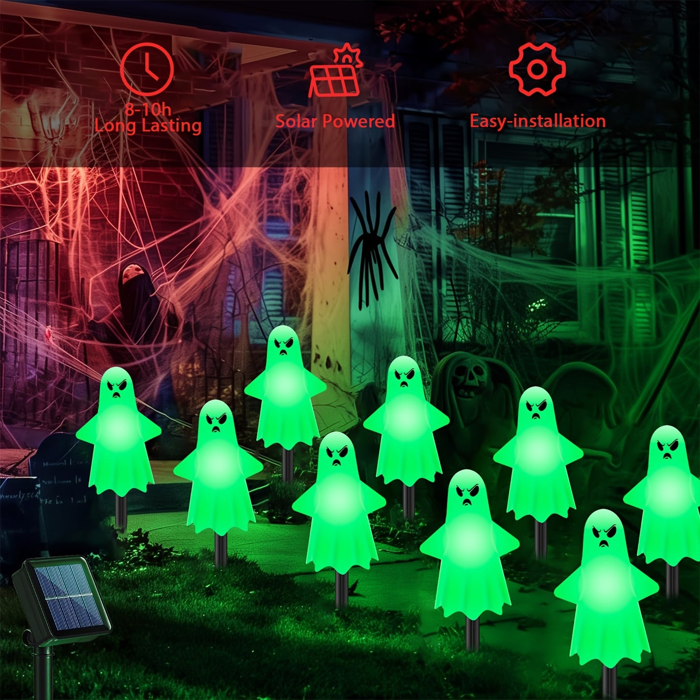 Anylincon 12pcs Solar-Powered Ghost Lights - Perfect For Halloween & Day Of The Dead Decor | Spooky Heads With 8 Lighting Modes | Ideal For Pathways, Landscapes, Yards & Lawns | Durable Plastic, Easy Install