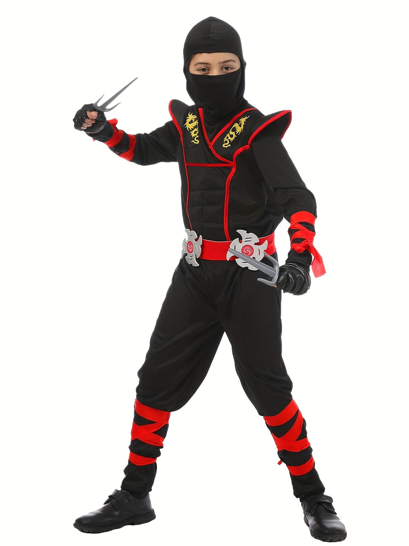 Deluxe Ninja Costume Set for Boys, Muscle Ninja Outfit with Geometric Pattern, Halloween Role-Play, Polyester Spandex Blend, Over 3 Years Old