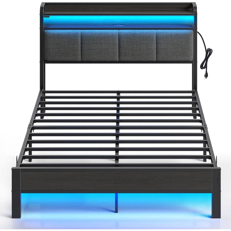 Queen Bed Frame with LED Lights Upholstered Headboard Charging Station Storage Shelves Heavy Duty Metal Slats No Box Spring