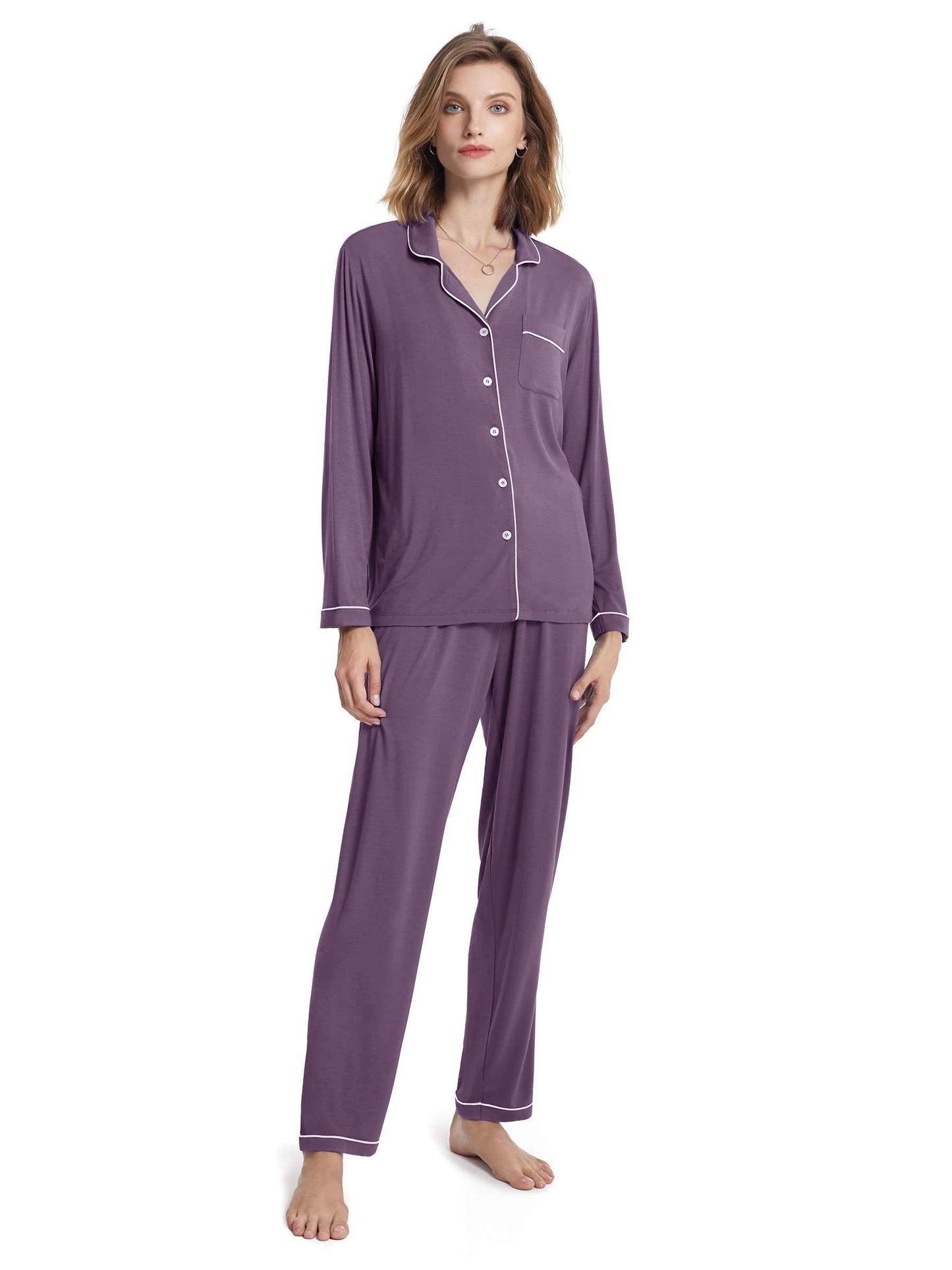 SIORO Women's Soft Pajama Set 2 Piece Modal Long Sleeve House Clothes, Women's Button-Up Pajama Sleepwear Set