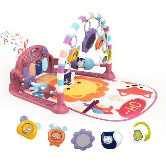 Baby Play Mat Baby Gym, Funny Play Piano Tummy Time Baby Activity Mat With 5 Infant Sensory Baby Toys, Music And Lights Boy & Girl Gifts For Newborn Baby 0 To 3 6 9 12 Months (New Pink)