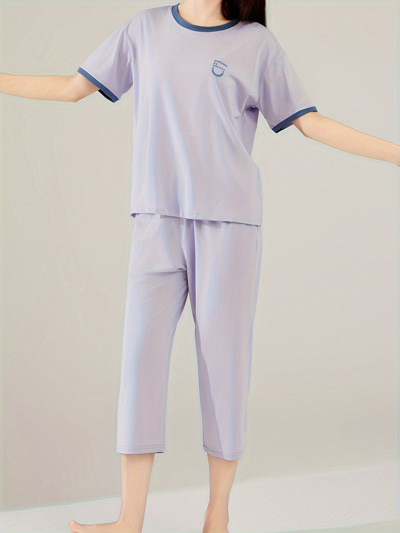 Women's Short Sleeve Binding Top & Capri Pants Pajama Set, Summer Casual Breathable & Comfortable Sleepwear