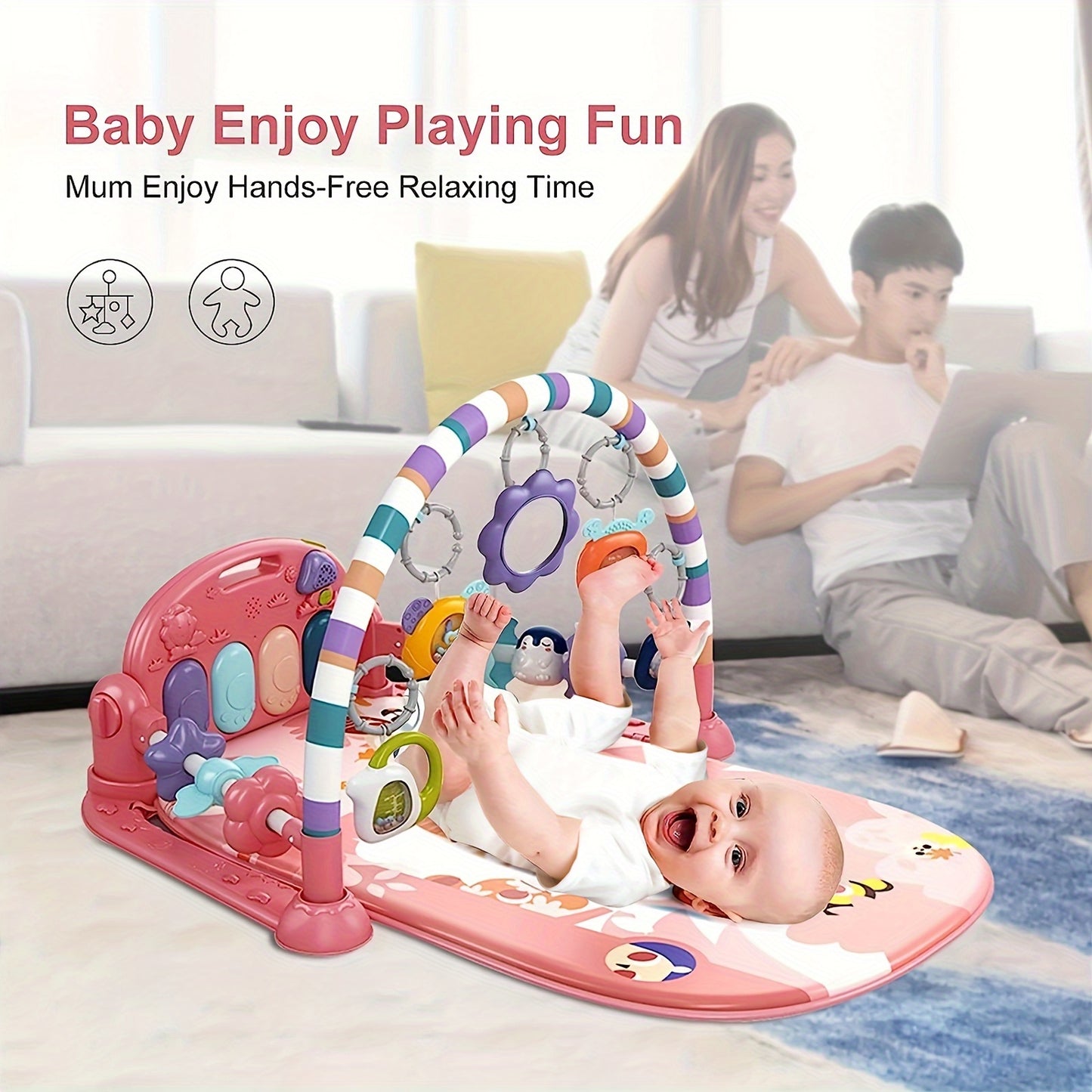 Baby Play Mat Baby Gym, Funny Play Piano Tummy Time Baby Activity Mat with 5 Infant Sensory Baby Toys & 2 Baby Book Toys, Boy & Girl Gifts for Newborn 0 to 3 6 9 12 Months(Blue/pink) Halloween Christmas Gifts