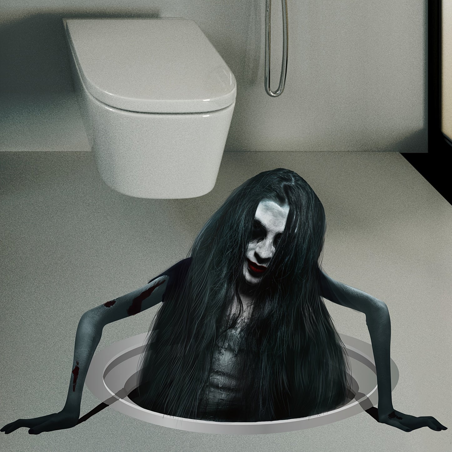 Halloween Floor Decal with Scary Long-Haired Woman Graphic – PVC, Non-Feathered, General Fit for Festive Home Decor, No Electricity Required