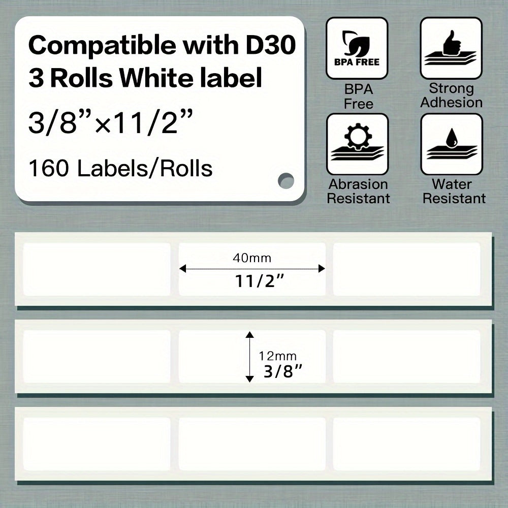 """""""3 roll Phomemo D30 Thermal Self-Adhesive Labels - 160 Labels/Roll, 3/8"""""""" x 1 1/2"""""""" (12mm x 40mm), Compatible with Phomemo D30 Label Printer, Ideal for Home, Office, and School Use, Black on White, Easy to Use and Durable."""""""