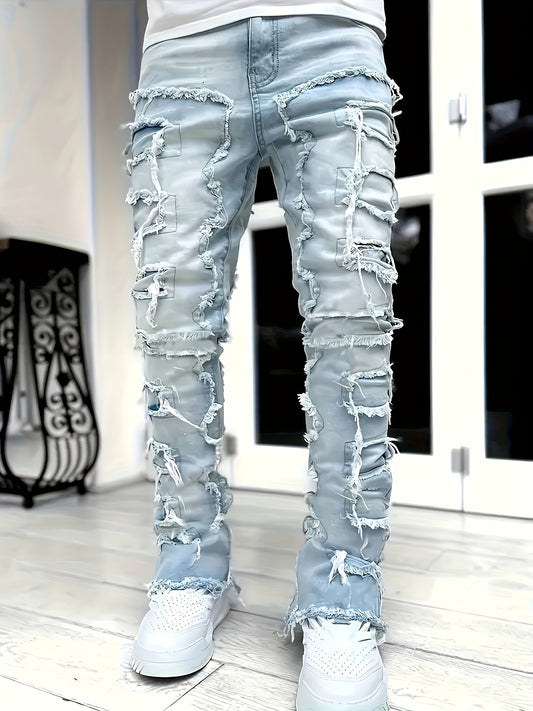 Men's Regular Fit Stacked Jeans Ripped Slim Fit Patch Distressed Destroyed Straight Denim Pants Hip Hop Streetwear Trouser Cloth