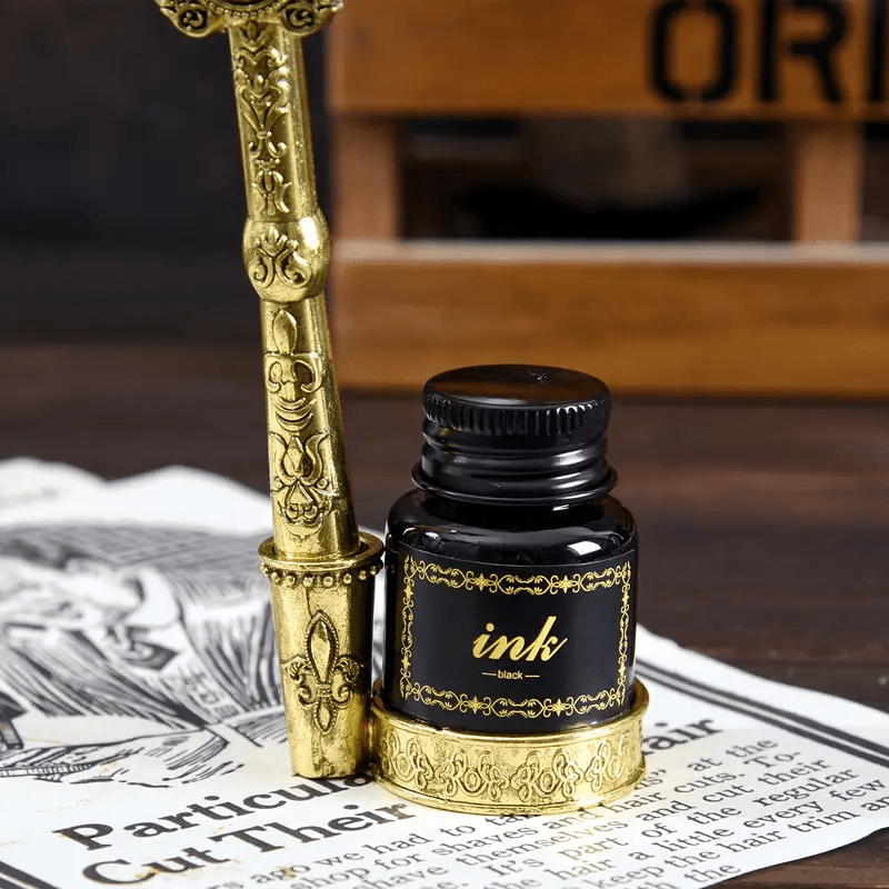 Feather Pen Calligraphy Ink Set - Personalized Gift Box, Medium Point, Metal Body, Round Shape, Mechanical Gear, Steampunk Design, Dip Pen for Writing, Drawing, Signing, Retro Decoration, and Unique Gifts