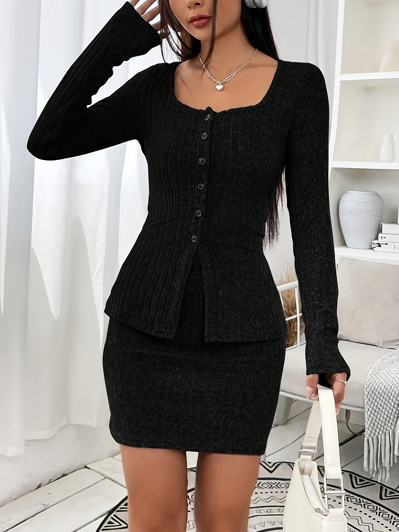 Solid Slim Elegant Skirt Set, Button Front Long Sleeve Top & High Waist Bodycon Skirt Outfits For Spring & Fall, Women's Clothing