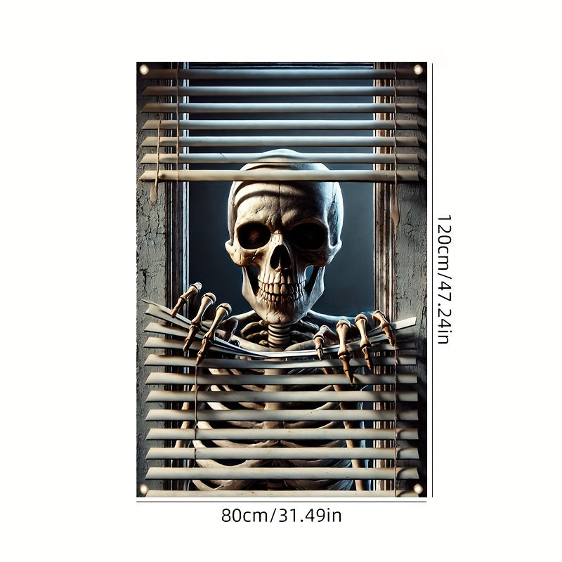 HEGO Spooky Skeleton Window Banner - Halloween Scary Decor, Durable Polyester, Perfect for Indoor/Outdoor Creepy Haunted House Theme, 31.49 x 4.72 inches