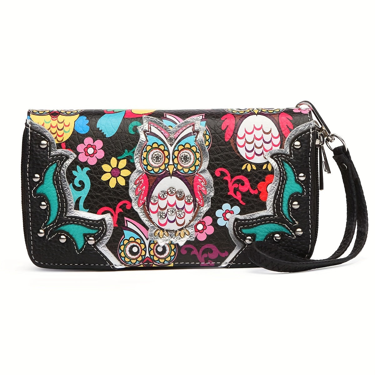 Colorful Owl Flower Western Style Cowgirl Fashion Purse Women Totes Rhinestone Studded Shoulder Bags Wallet Set