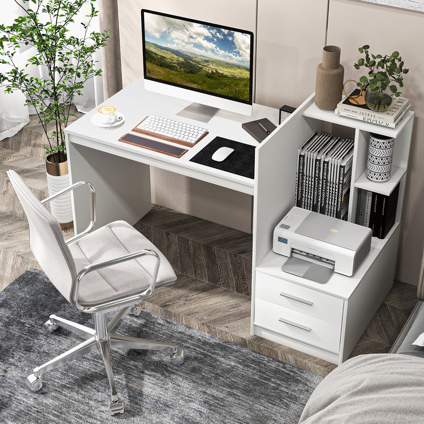 White Desk 55 Inch Long Home Office Desk L Shaped Corner Computer Desk with 3 Drawers and 2 Shelfs & Monitor Stand