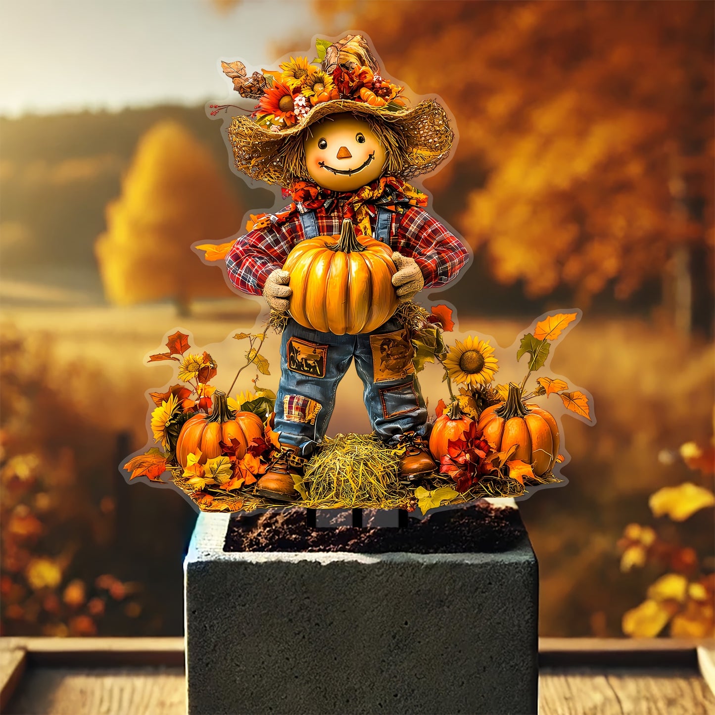 Charming Scarecrow & Pumpkin Garden Stake - Acrylic, Fall Harvest & Thanksgiving Theme, Versatile Outdoor Yard Art Decor, Perfect for Flower Pots & Displays, Ideal Gift