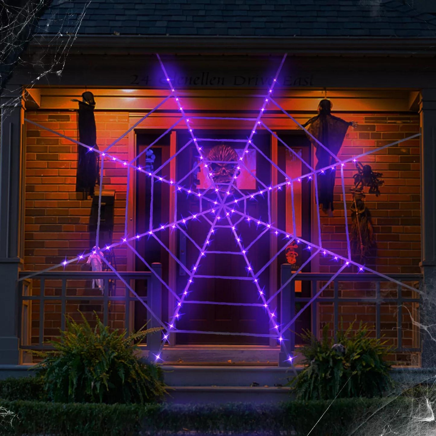 Halloween Giant Spider with Web Light Up Purple Web Decoration 11.8ft Circular Cobweb with LED Light for Halloween Party