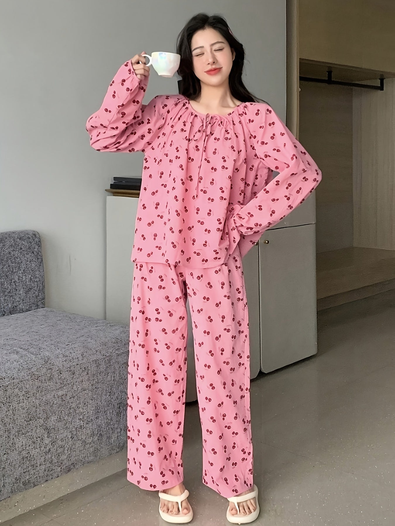 Charming Cotton Cherry Print Pajama Set with Ruffle Neckline and Long Sleeves