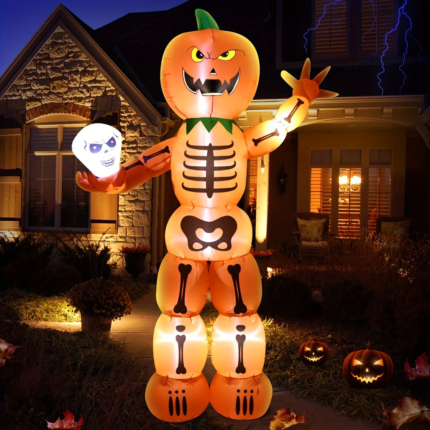 Halloween Inflatable Blow Up Decorations, 8FT Giant Skeleton Stacked Pumpkin Man Holding Skull, Built-in LEDs For Holiday Party, Garden, Lawn, Yard, Patio Décor