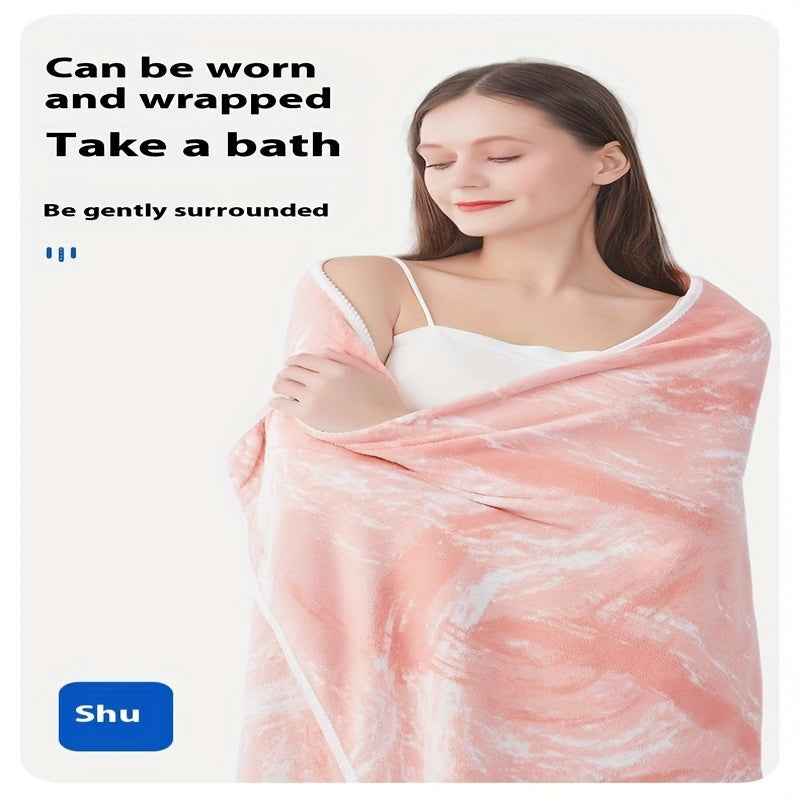 Ultra-Soft Coral Fleece Towel Set - 3pcs, Includes Large Bath Towel & Hair Drying Cap, Thick & Absorbent with Exquisite Ink Painting Design, Extra Large Size for Full Coverage