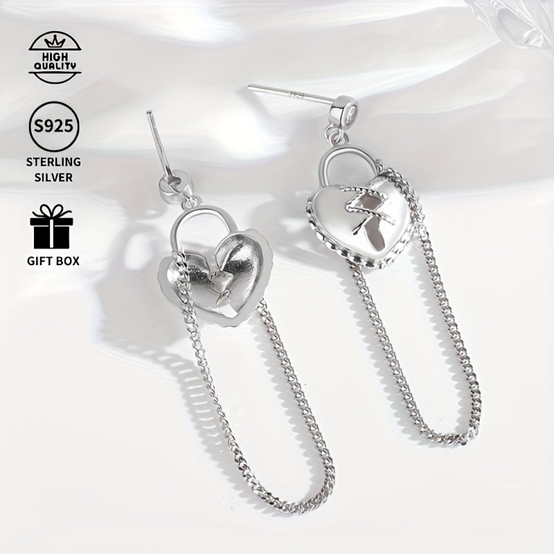 Fashionable Love Lock Tassel Earrings - S925 Sterling Silver Dangle Chain Studs with Synthetic Zirconia, Silver Plated, Anniversary Birthday Gift for Girls - High Quality Ear Needle