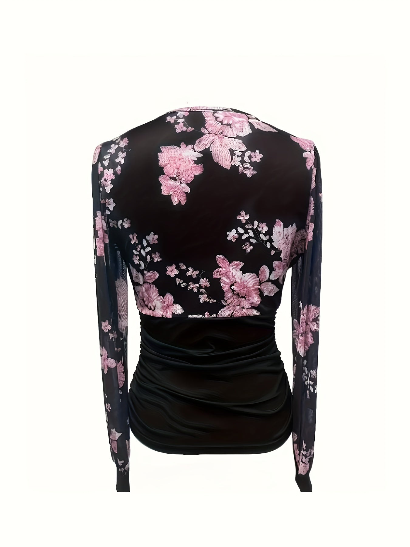 Women's Floral Print Plunge Neck Top with Long Illusion Sleeves for Spring and Fall