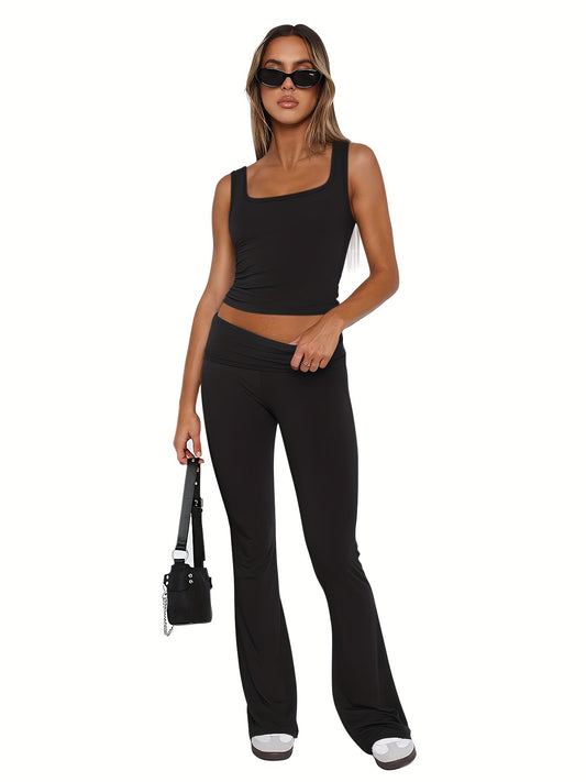 Casual Solid Slim Soft Two-piece Pants Set, Sleeveless Square Neck Crop Top & Flared Leg High Waist Pants Outfits, Women's Clothing