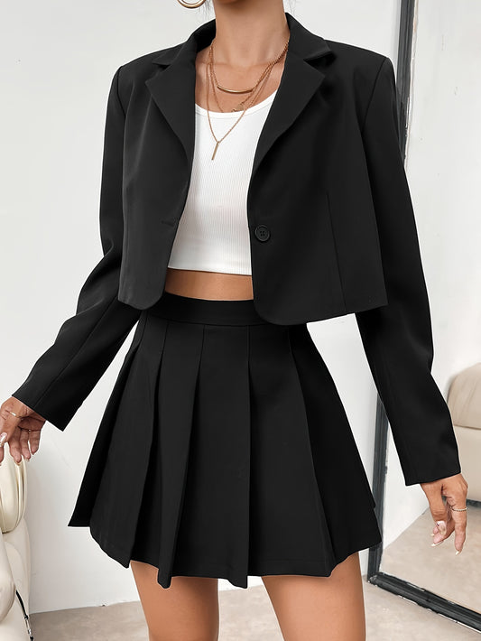 Solid Color Stylish Skirt Set, Single Button Long Sleeve Lapel Collar Blazer & High Waist Pleated A-line Skirt Outfits, Women's Clothing