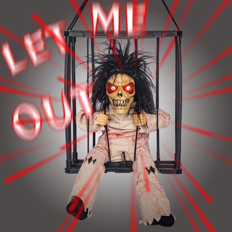 1pc, Halloween Animated Hanging Prisoner Cage Decor, Sound And Light Up Eyes, 9.06inch Sensor-Activated Jail Ghost With Striped Prison Outfit And Leopard Print, Plastic And Fabric, Perfect For Haunted House, Bar, Dance Party Decoration