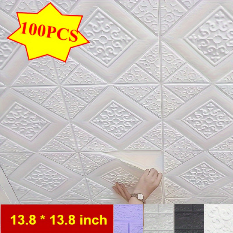 10/100pcs 3D Flower Texture Imitation Tile Foam Wall Sticker, Waterproof Moisture-proof Anti-collision Self-Adhesive, Easy To Clean Panel For Kitchen, Living Room, Bathroom, Corridor, Office, Home And Dormitory Decor