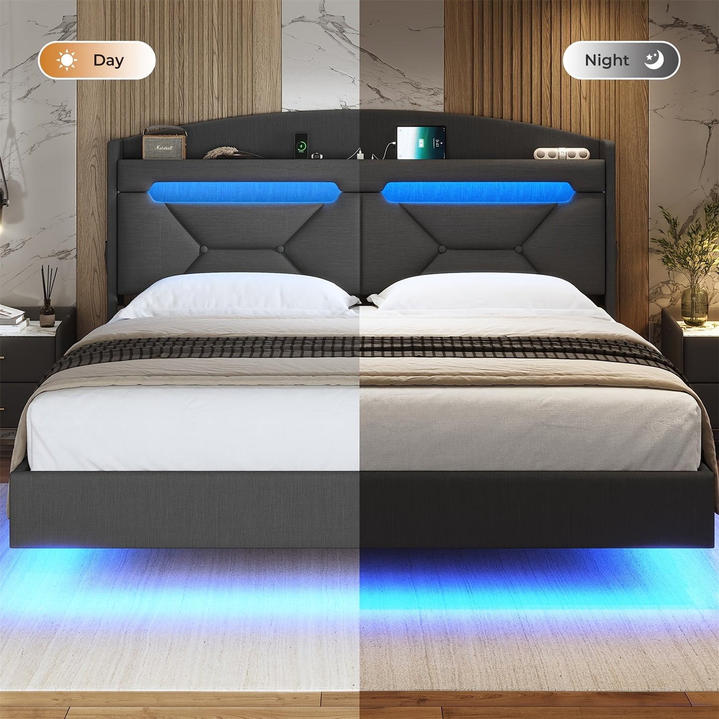 LED Full Size Bed Frame with Charging Station, Upholstered Platform Bed Frame with Storage Headboard, Noise Free, Bed Frame