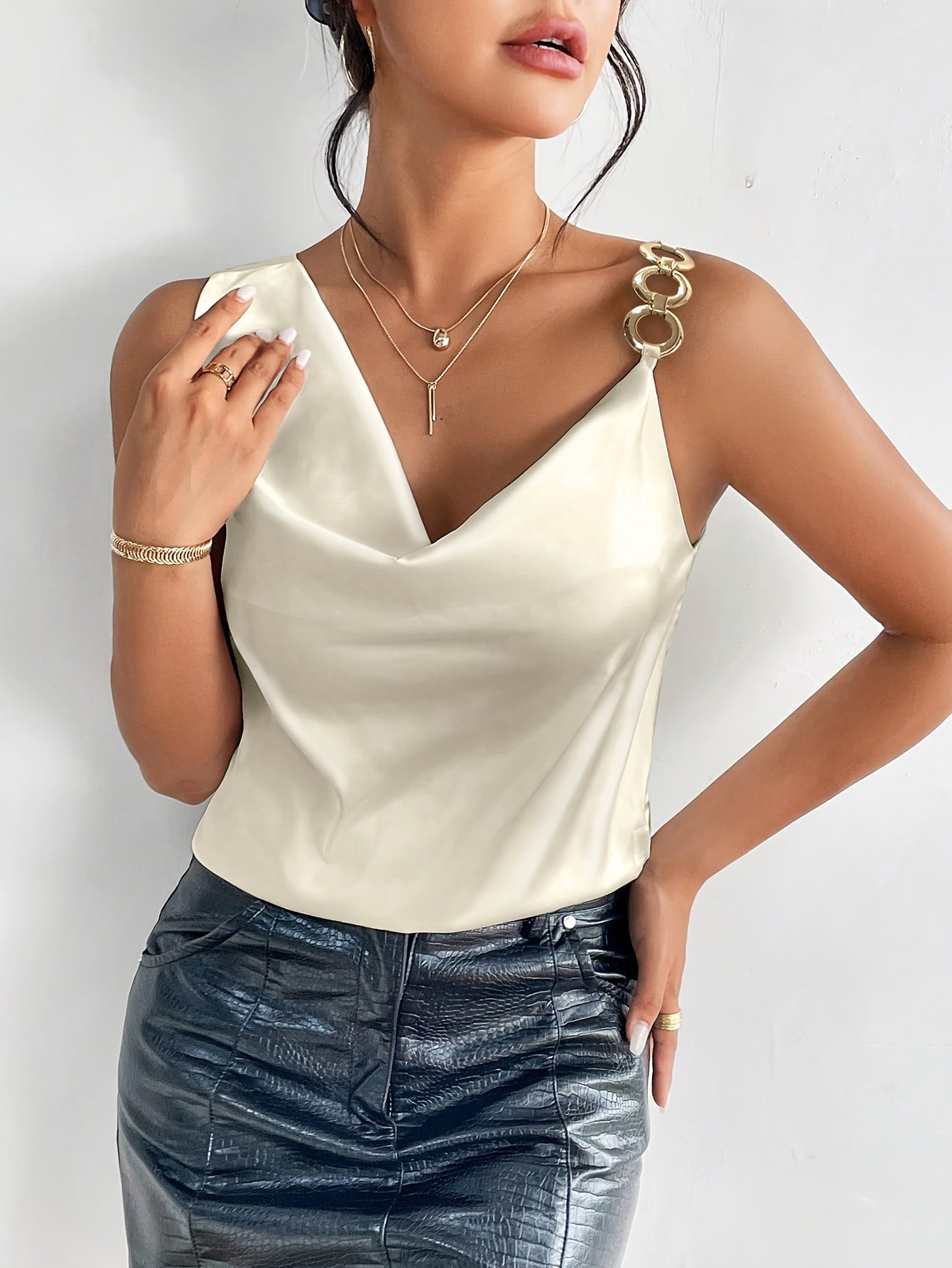 Chain Decor Cowl Neck Blouse, Elegant Sleeveless Top For Spring & Summer, Women's Clothing